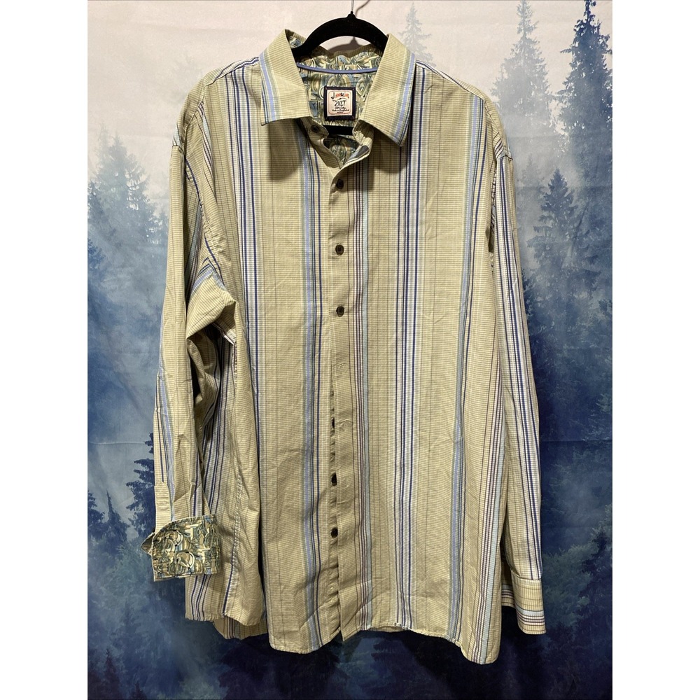 J.Garcia Button Up Dress Shirt Men's 2XL Flip Cuff Stripe Green Long Sleeve